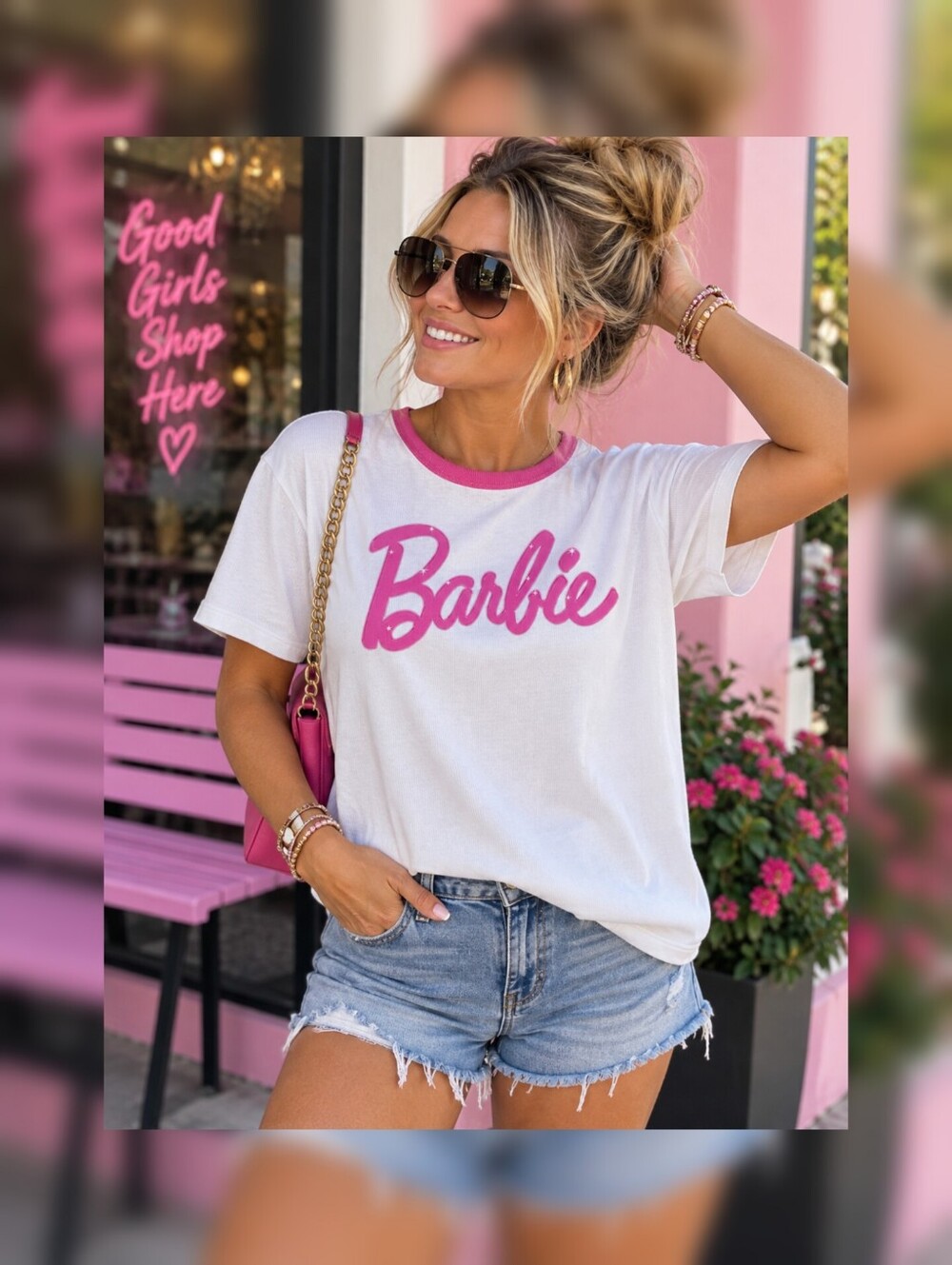 Barbie Cropped Rib Graphic Ringer T-Shirt NWOT